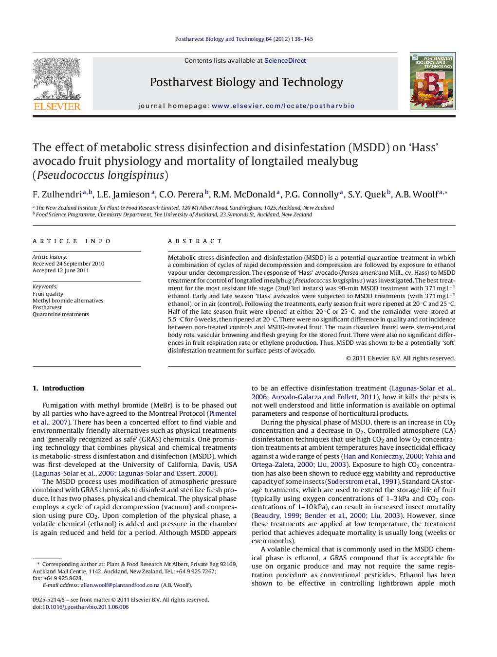 The effect of metabolic stress disinfection and disinfestation (MSDD) on ‘Hass’ avocado fruit physiology and mortality of longtailed mealybug (Pseudococcus longispinus)