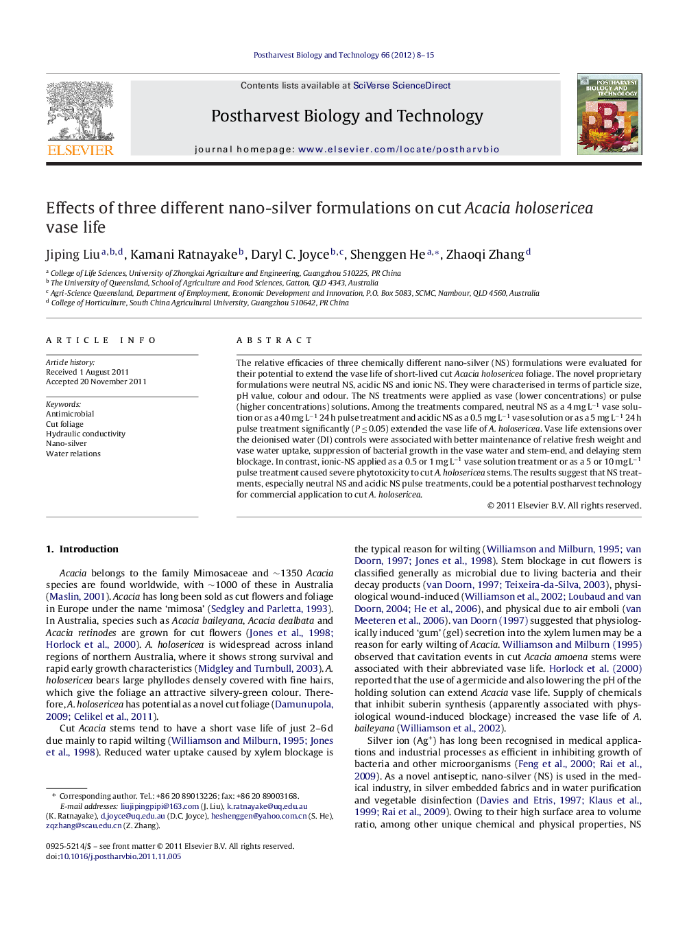 Effects of three different nano-silver formulations on cut Acacia holosericea vase life