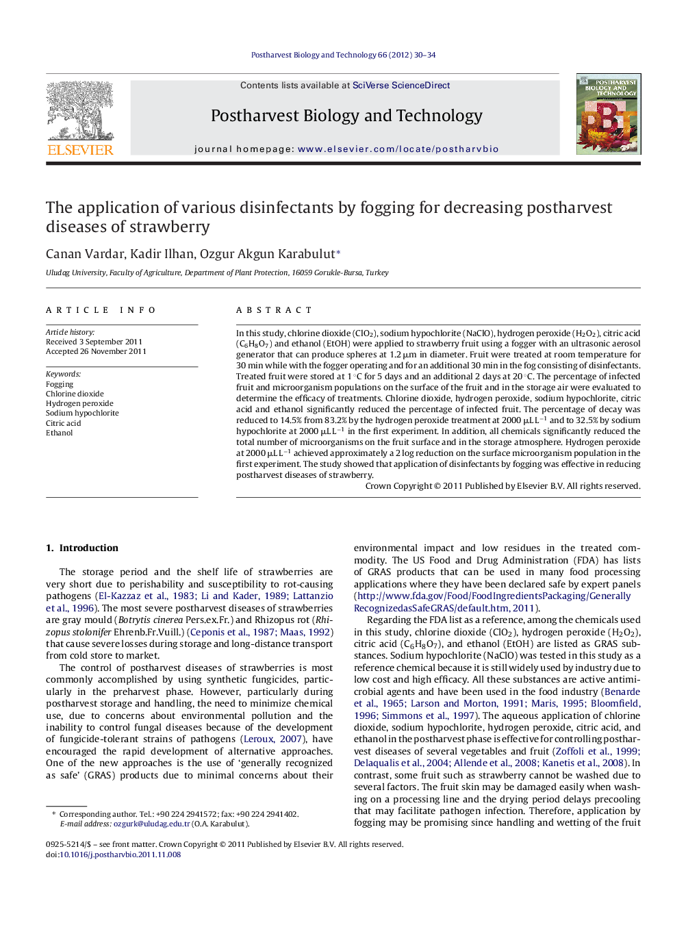 The application of various disinfectants by fogging for decreasing postharvest diseases of strawberry