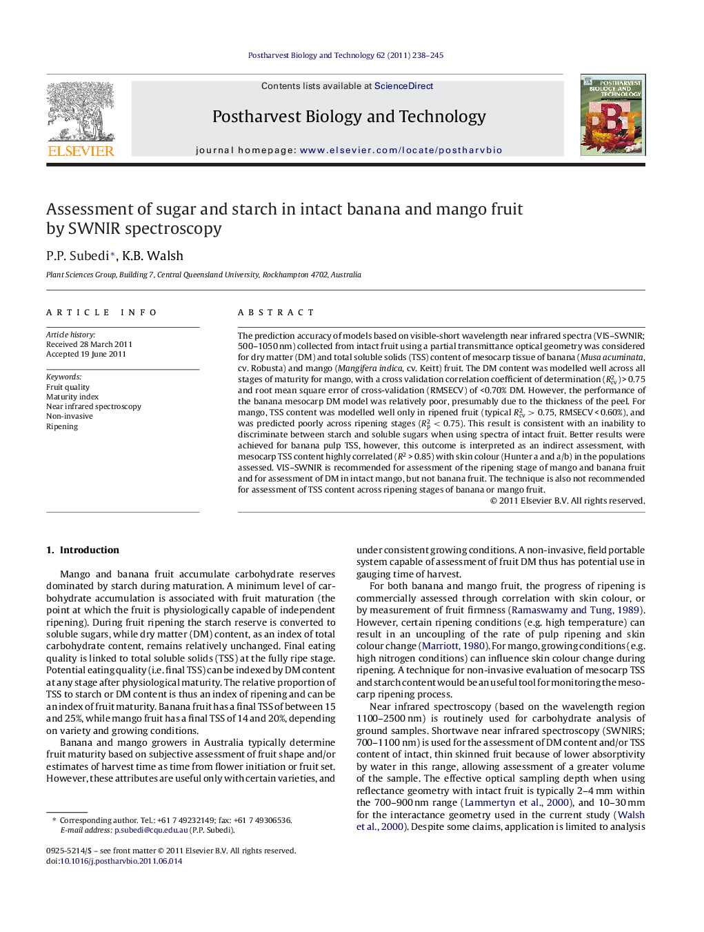 Assessment of sugar and starch in intact banana and mango fruit by SWNIR spectroscopy