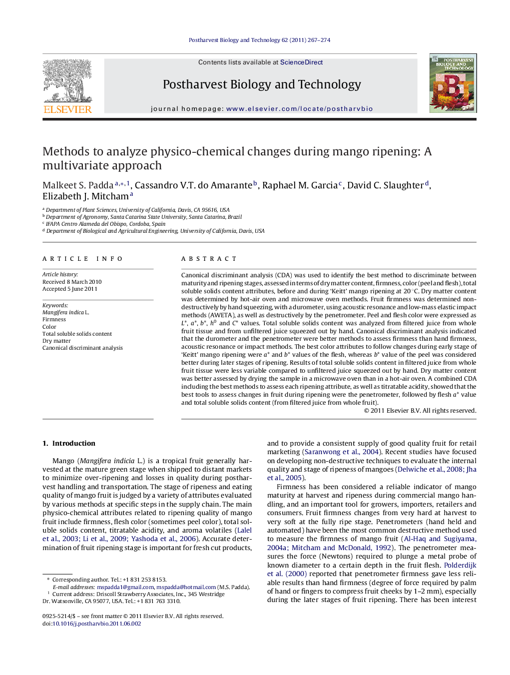 Methods to analyze physico-chemical changes during mango ripening: A multivariate approach