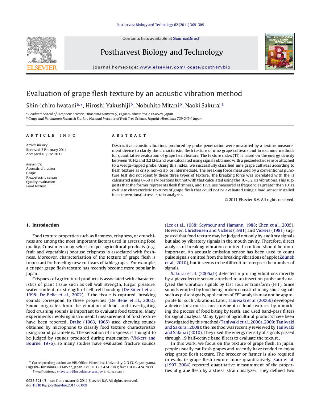 Evaluation of grape flesh texture by an acoustic vibration method