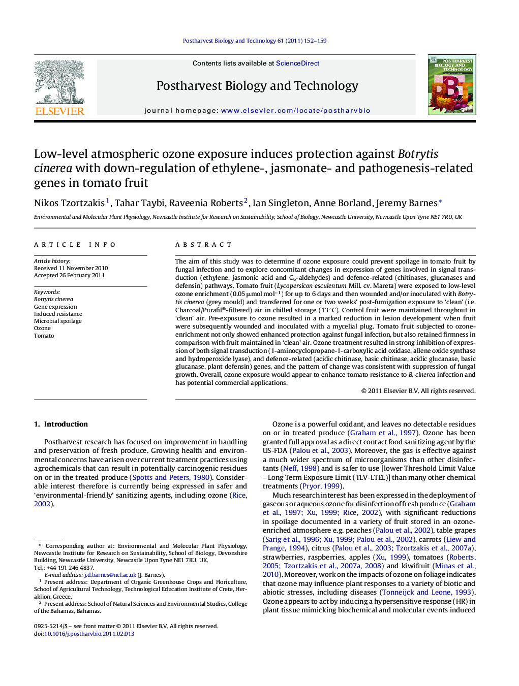 عکس صفحه اول مقاله: Low-level atmospheric ozone exposure induces protection against Botrytis cinerea with down-regulation of ethylene-, jasmonate- and pathogenesis-related genes in tomato fruit Low-level atmospheric ozone exposure induces protection against Botrytis cinerea with down-regulation of ethylene-, jasmonate- and pathogenesis-related genes in tomato fruit