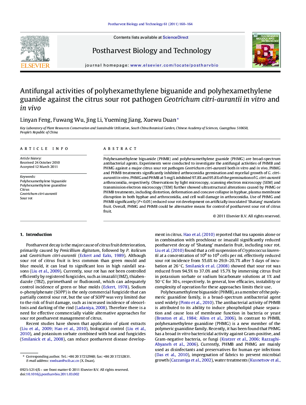 Antifungal activities of polyhexamethylene biguanide and polyhexamethylene guanide against the citrus sour rot pathogen Geotrichum citri-aurantii in vitro and in vivo