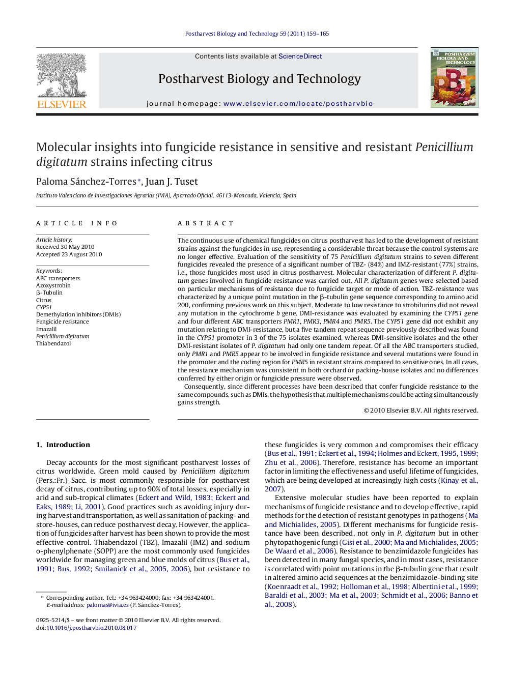 Molecular insights into fungicide resistance in sensitive and resistant Penicillium digitatum strains infecting citrus