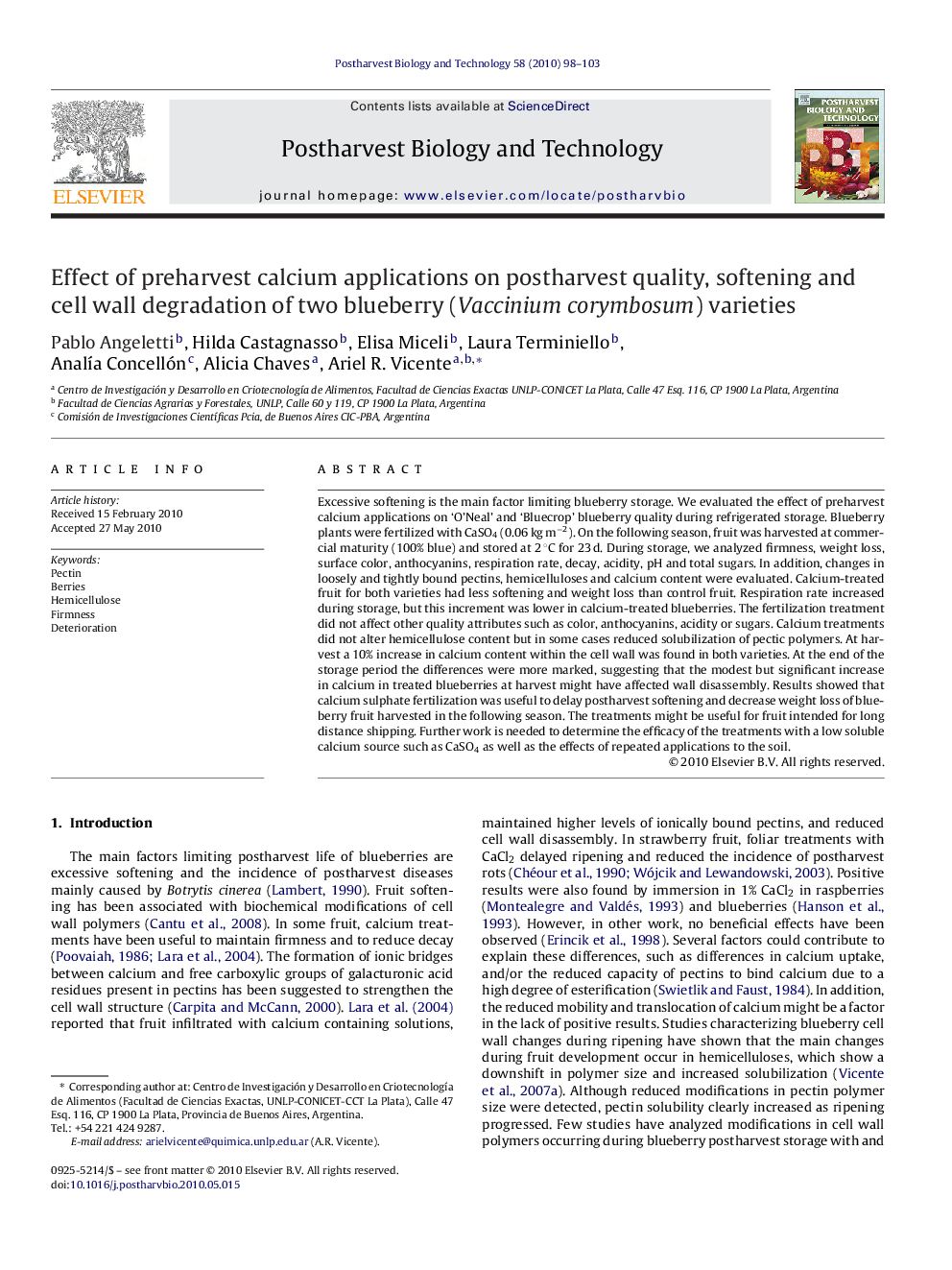 Effect of preharvest calcium applications on postharvest quality, softening and cell wall degradation of two blueberry (Vaccinium corymbosum) varieties