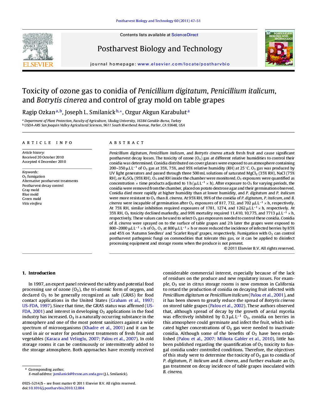 Toxicity of ozone gas to conidia of Penicillium digitatum, Penicillium italicum, and Botrytis cinerea and control of gray mold on table grapes