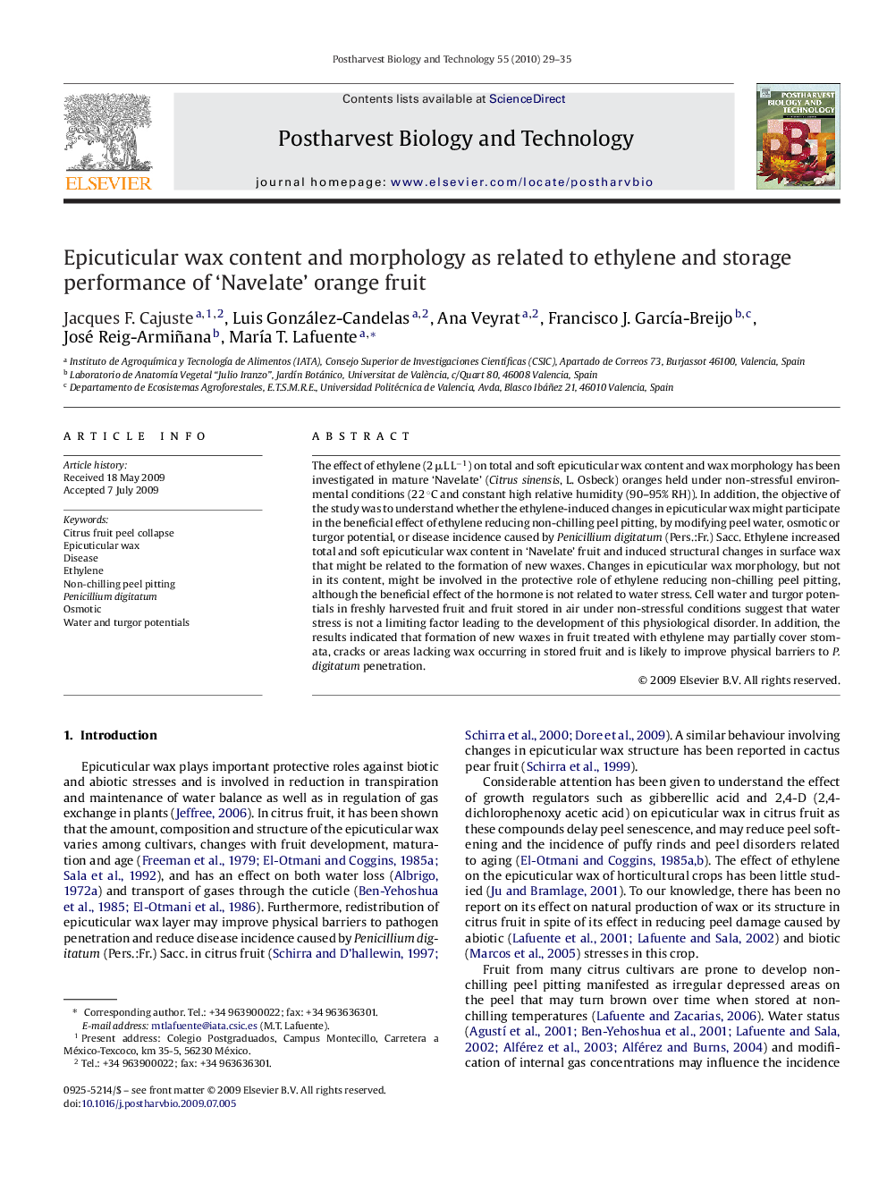 عکس صفحه اول مقاله: Epicuticular wax content and morphology as related to ethylene and storage performance of ‘Navelate’ orange fruit Epicuticular wax content and morphology as related to ethylene and storage performance of ‘Navelate’ orange fruit
