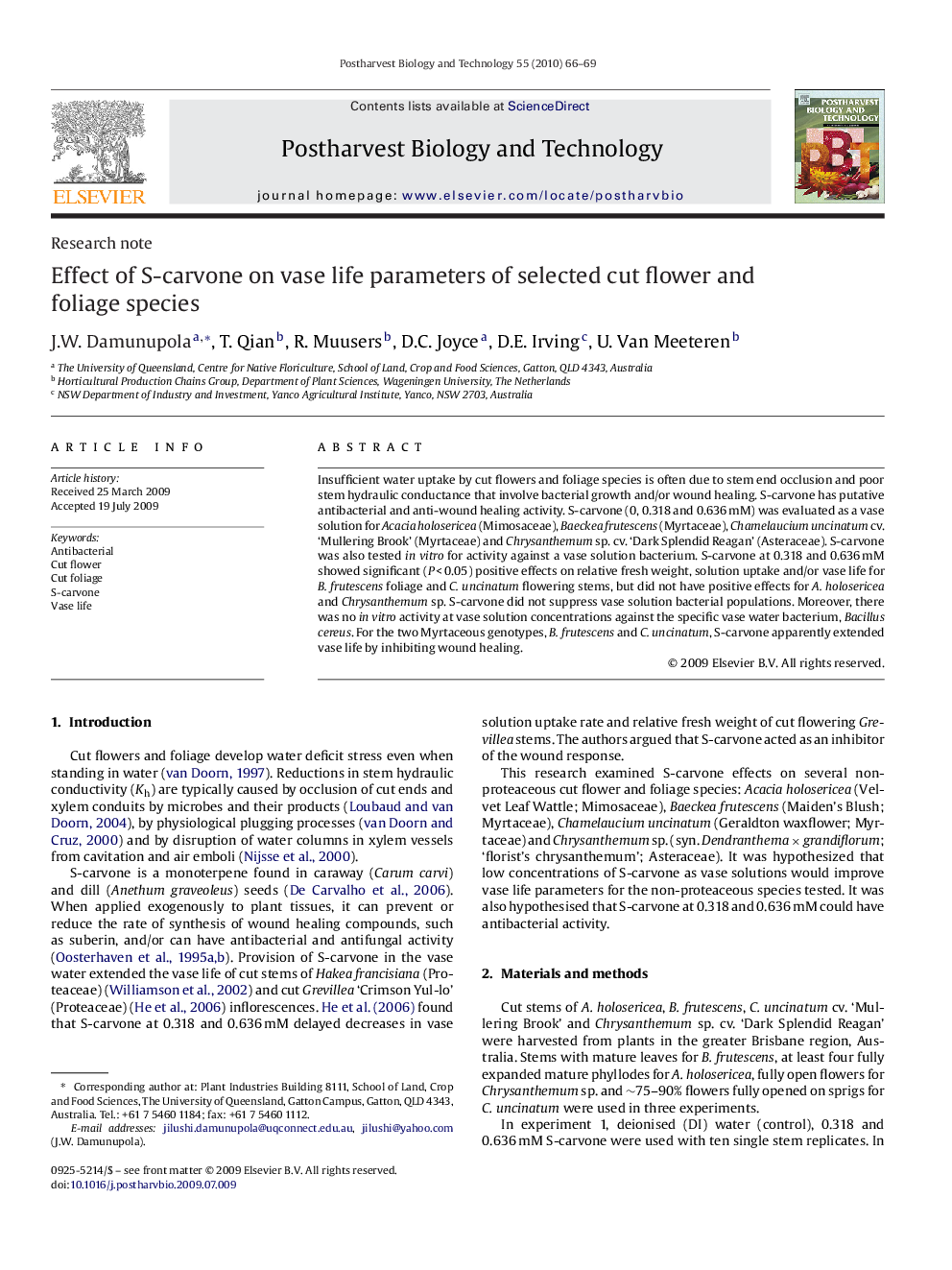 Effect of S-carvone on vase life parameters of selected cut flower and foliage species