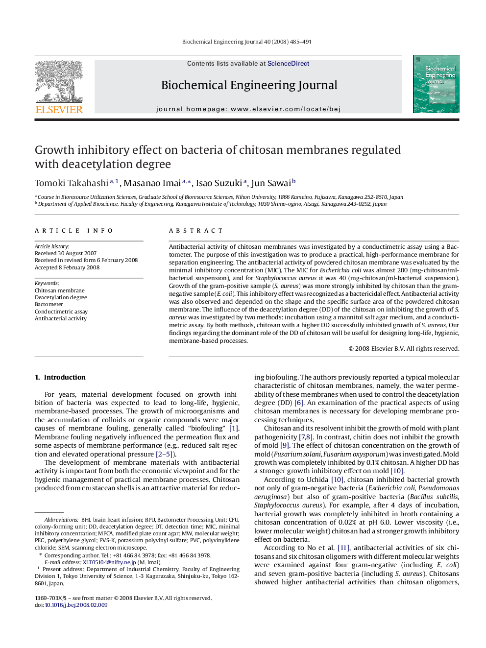 Growth inhibitory effect on bacteria of chitosan membranes regulated with deacetylation degree