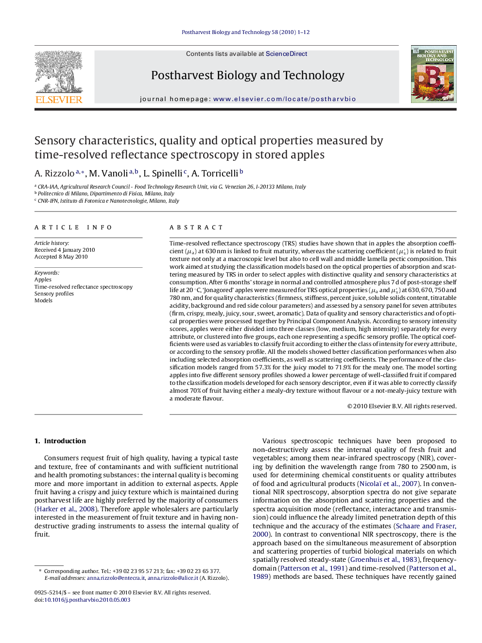 Sensory characteristics, quality and optical properties measured by time-resolved reflectance spectroscopy in stored apples