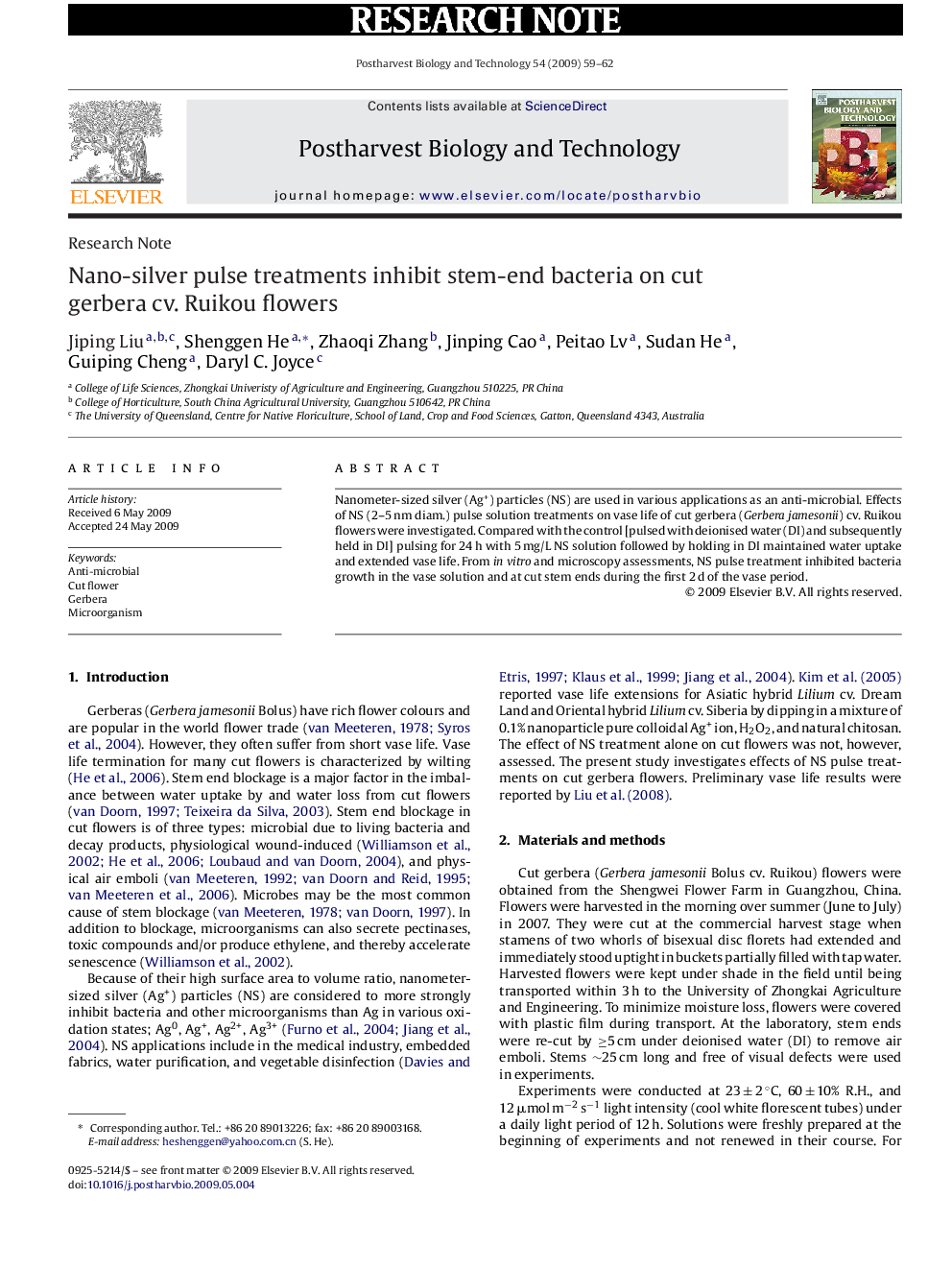 Nano-silver pulse treatments inhibit stem-end bacteria on cut gerbera cv. Ruikou flowers