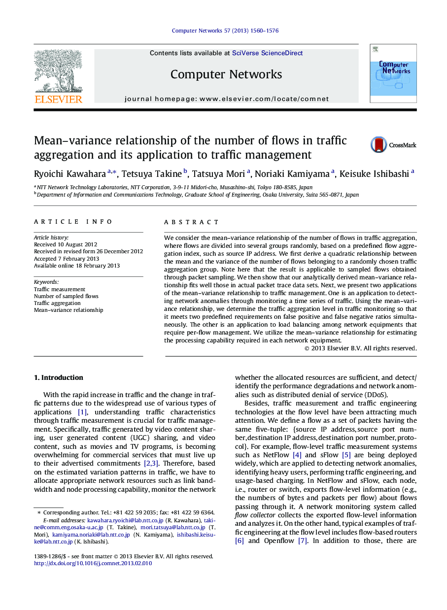 Mean–variance relationship of the number of flows in traffic aggregation and its application to traffic management