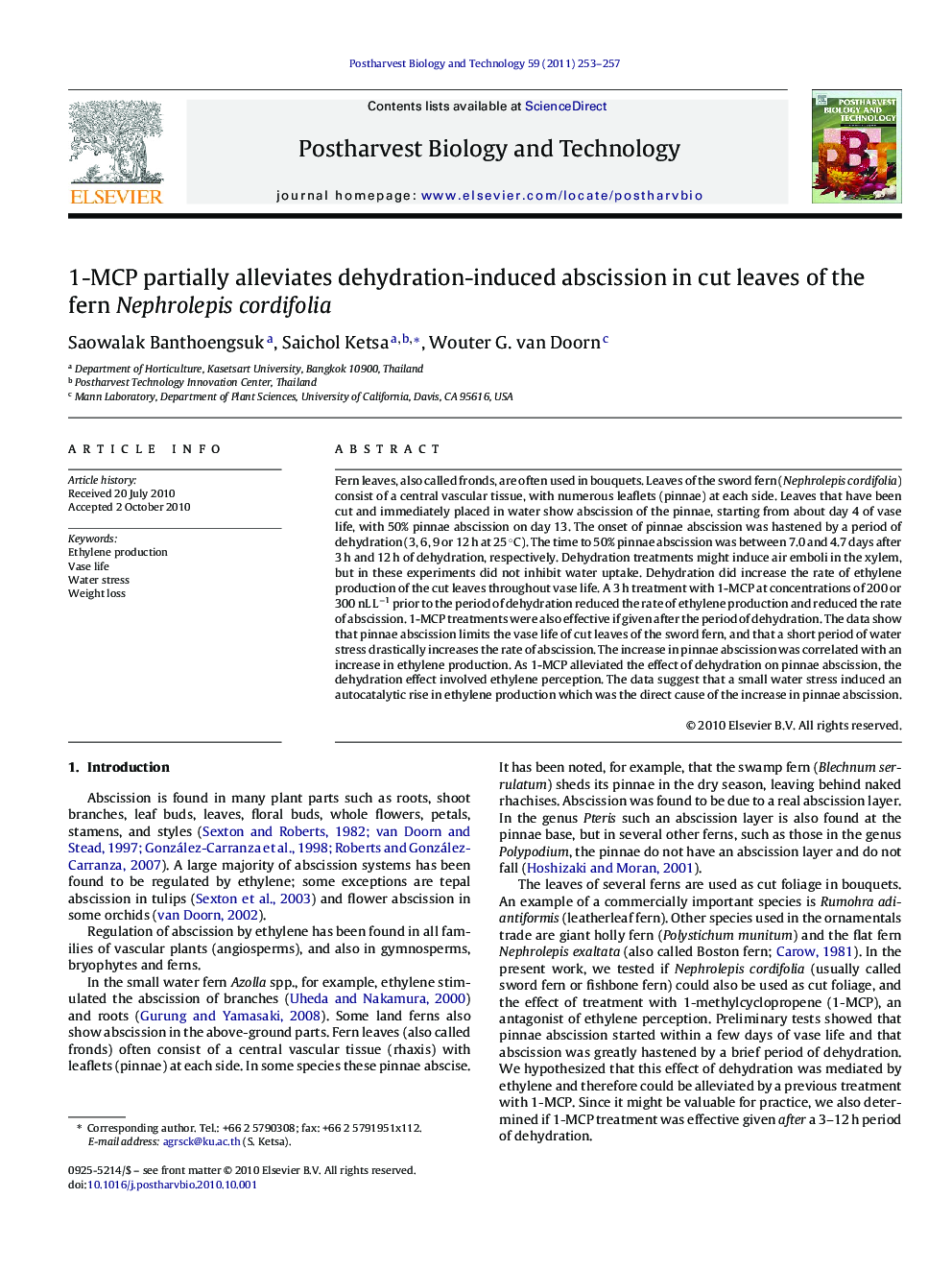 1-MCP partially alleviates dehydration-induced abscission in cut leaves of the fern Nephrolepis cordifolia