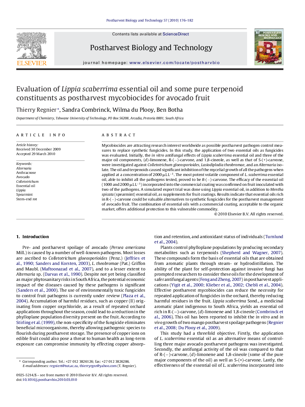 Evaluation of Lippia scaberrima essential oil and some pure terpenoid constituents as postharvest mycobiocides for avocado fruit