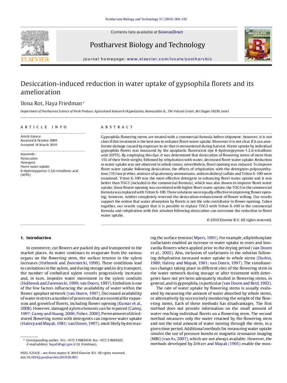 Desiccation-induced reduction in water uptake of gypsophila florets and its amelioration