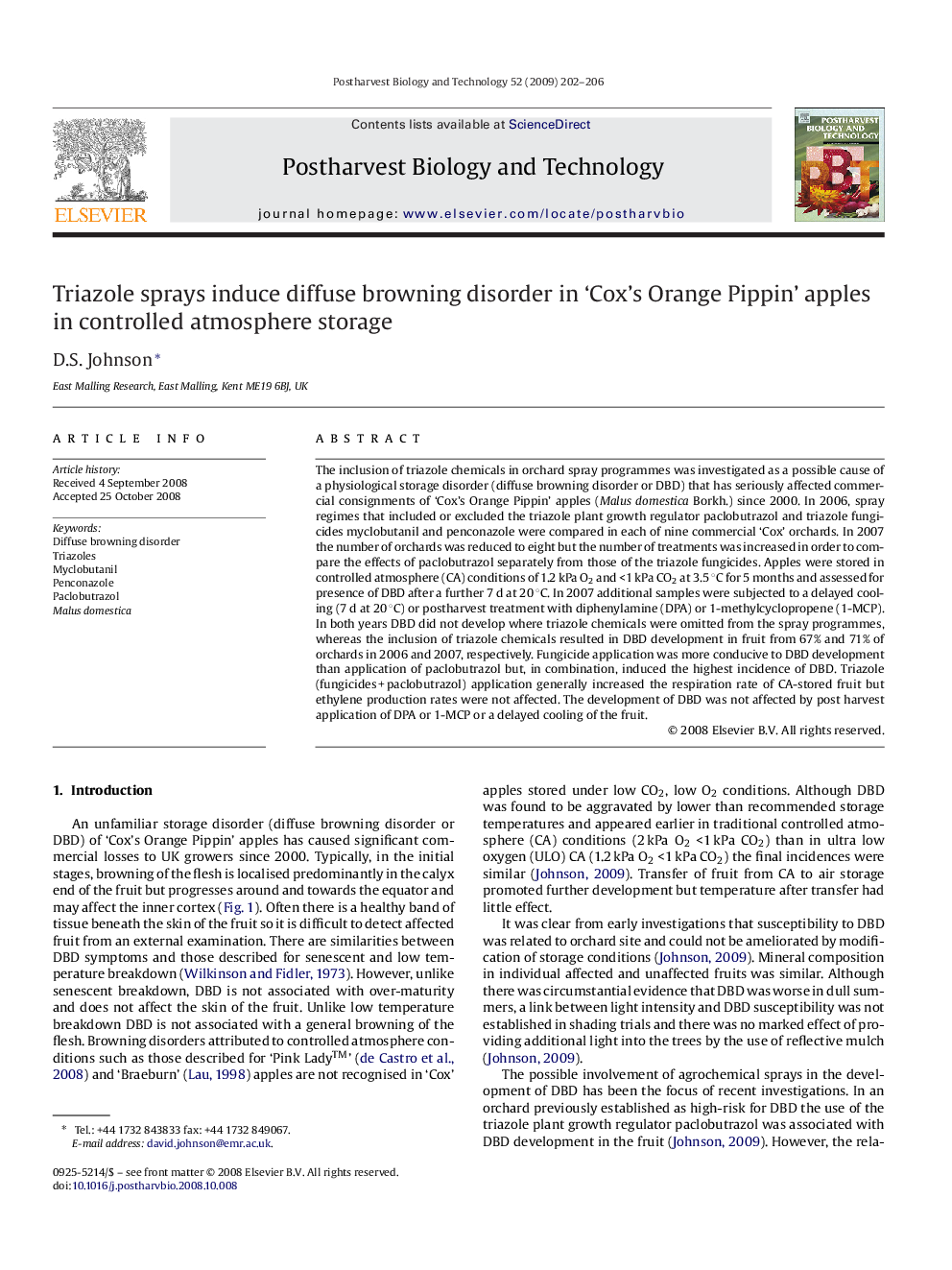 Triazole sprays induce diffuse browning disorder in 'Cox's Orange Pippin' apples in controlled atmosphere storage