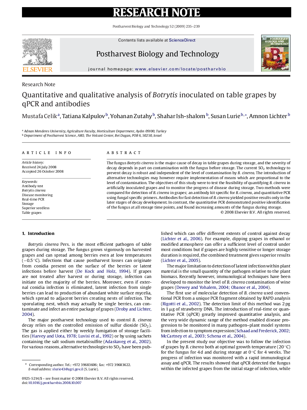 Quantitative and qualitative analysis of Botrytis inoculated on table grapes by qPCR and antibodies