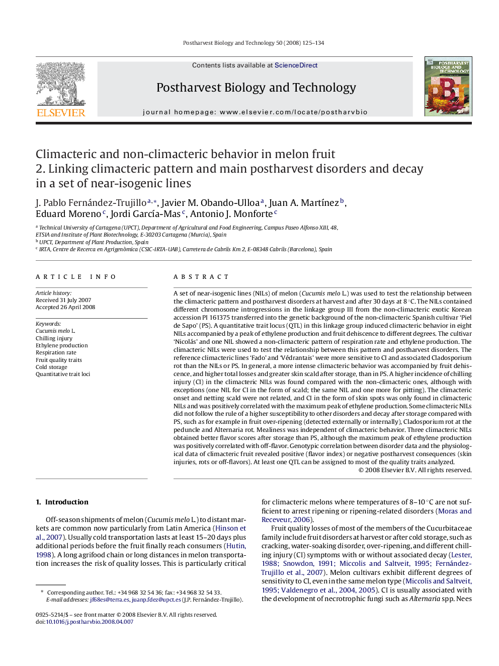 Climacteric and non-climacteric behavior in melon fruit: 2. Linking climacteric pattern and main postharvest disorders and decay in a set of near-isogenic lines