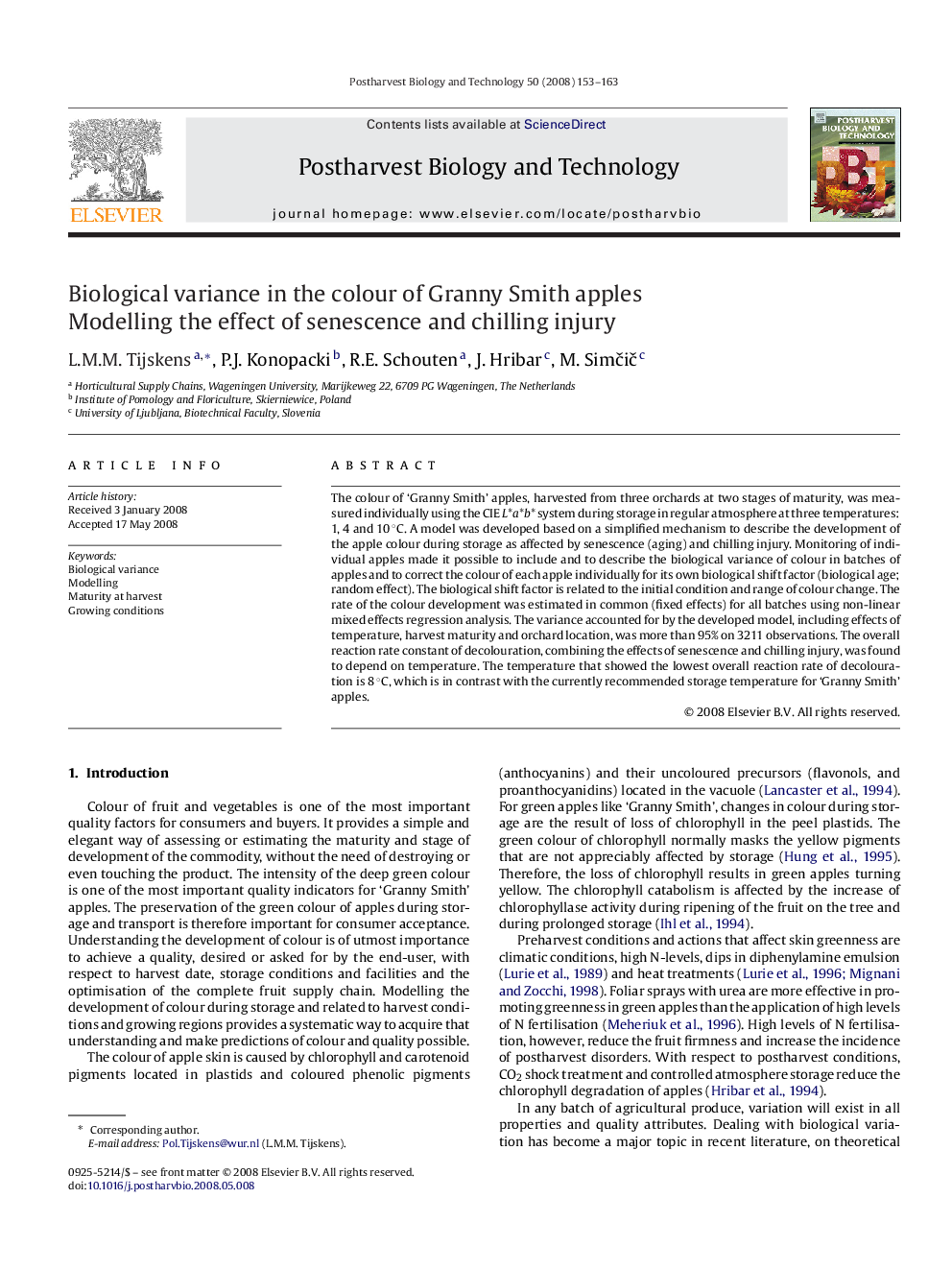 Biological variance in the colour of Granny Smith apples: Modelling the effect of senescence and chilling injury