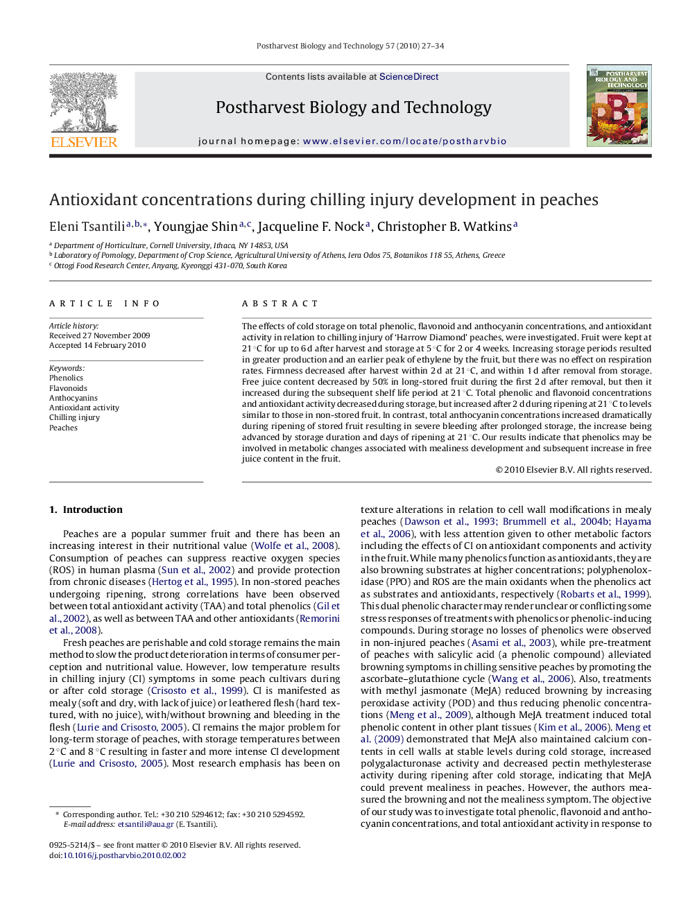 Antioxidant concentrations during chilling injury development in peaches