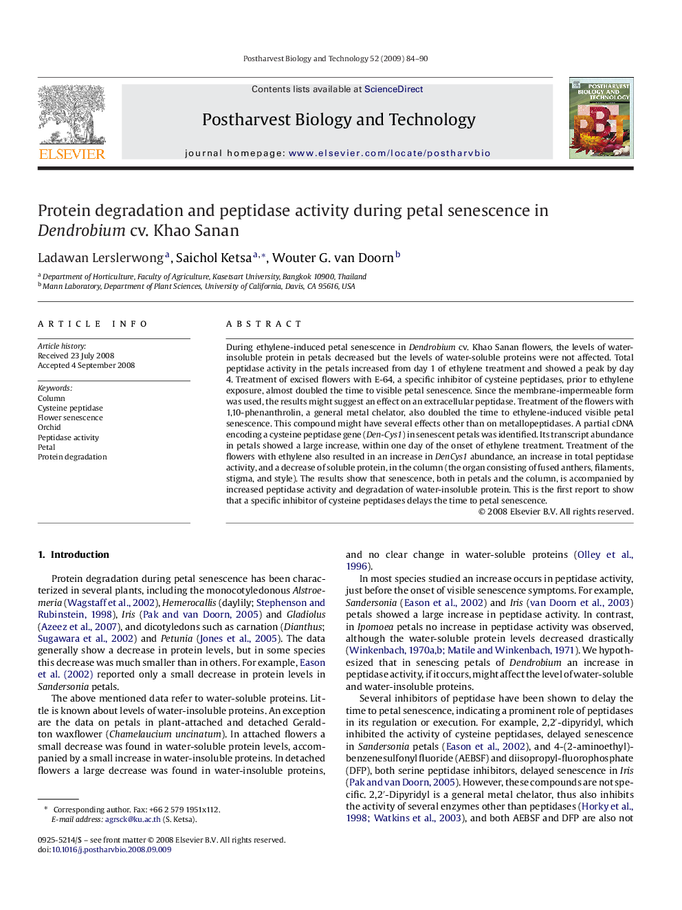 Protein degradation and peptidase activity during petal senescence in Dendrobium cv. Khao Sanan