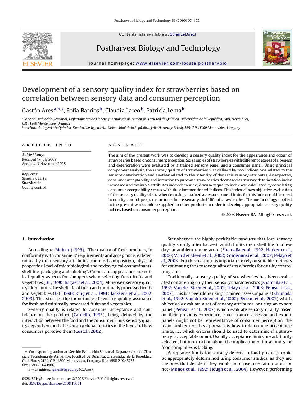 Development of a sensory quality index for strawberries based on correlation between sensory data and consumer perception