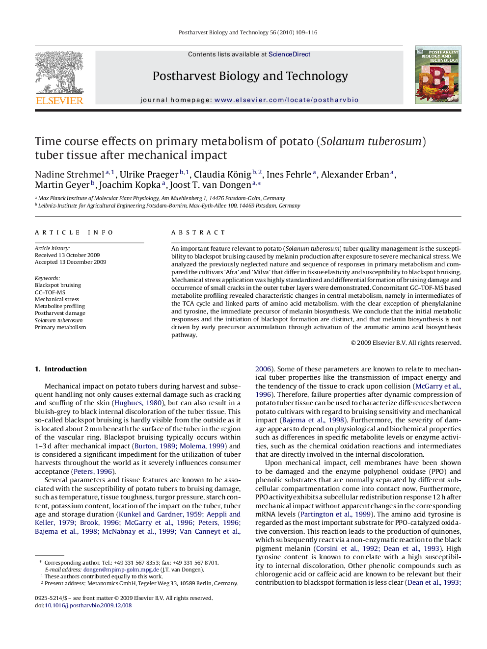 Time course effects on primary metabolism of potato (Solanum tuberosum) tuber tissue after mechanical impact