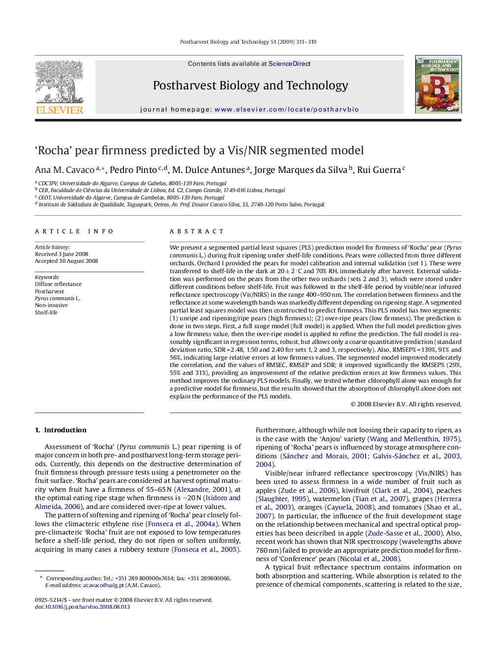 ‘Rocha’ pear firmness predicted by a Vis/NIR segmented model