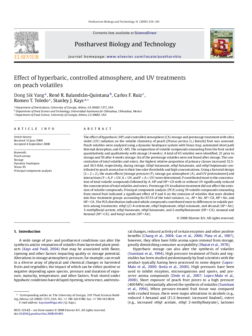 Effect of hyperbaric, controlled atmosphere, and UV treatments on peach volatiles