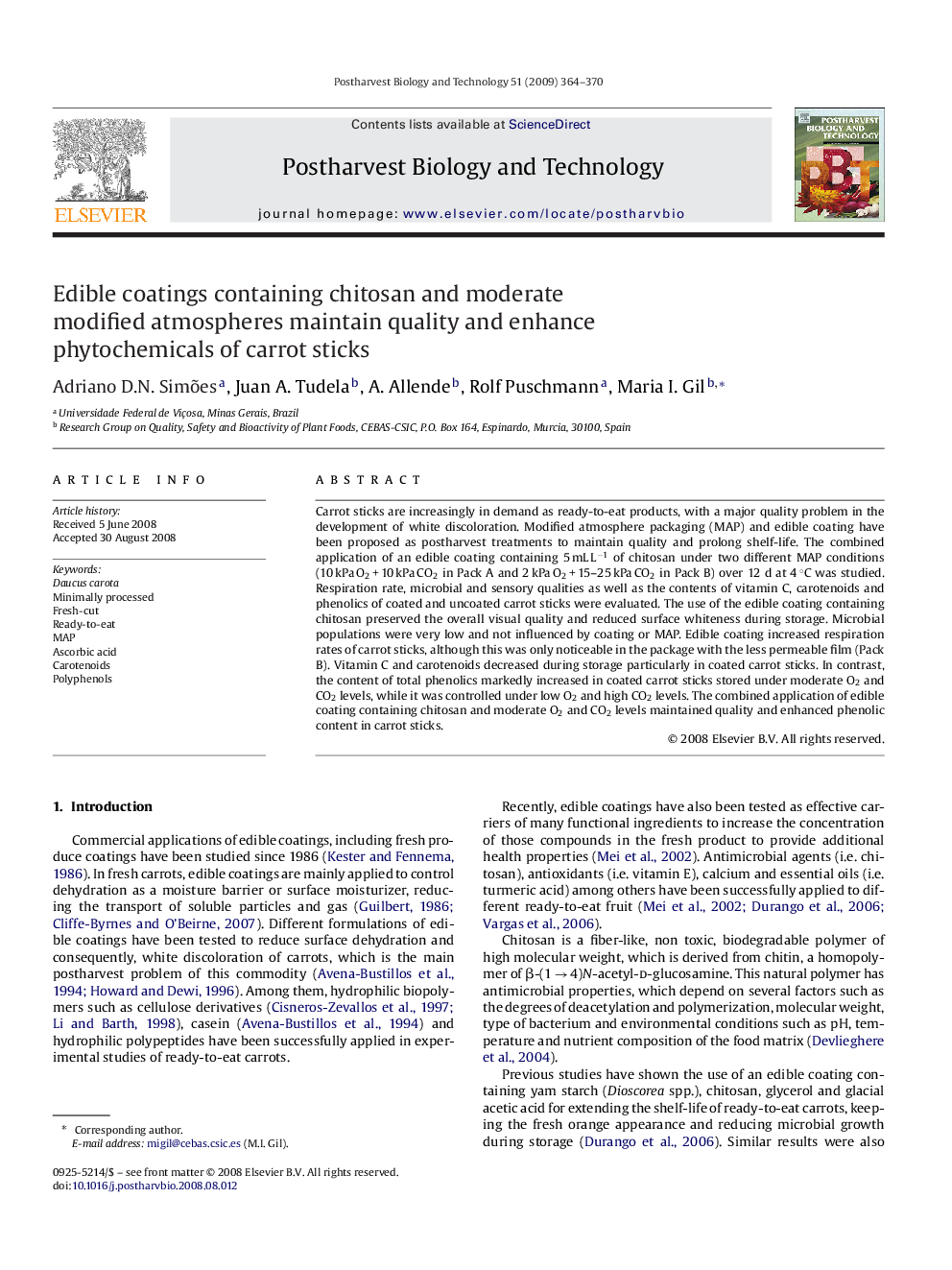 Edible coatings containing chitosan and moderate modified atmospheres maintain quality and enhance phytochemicals of carrot sticks