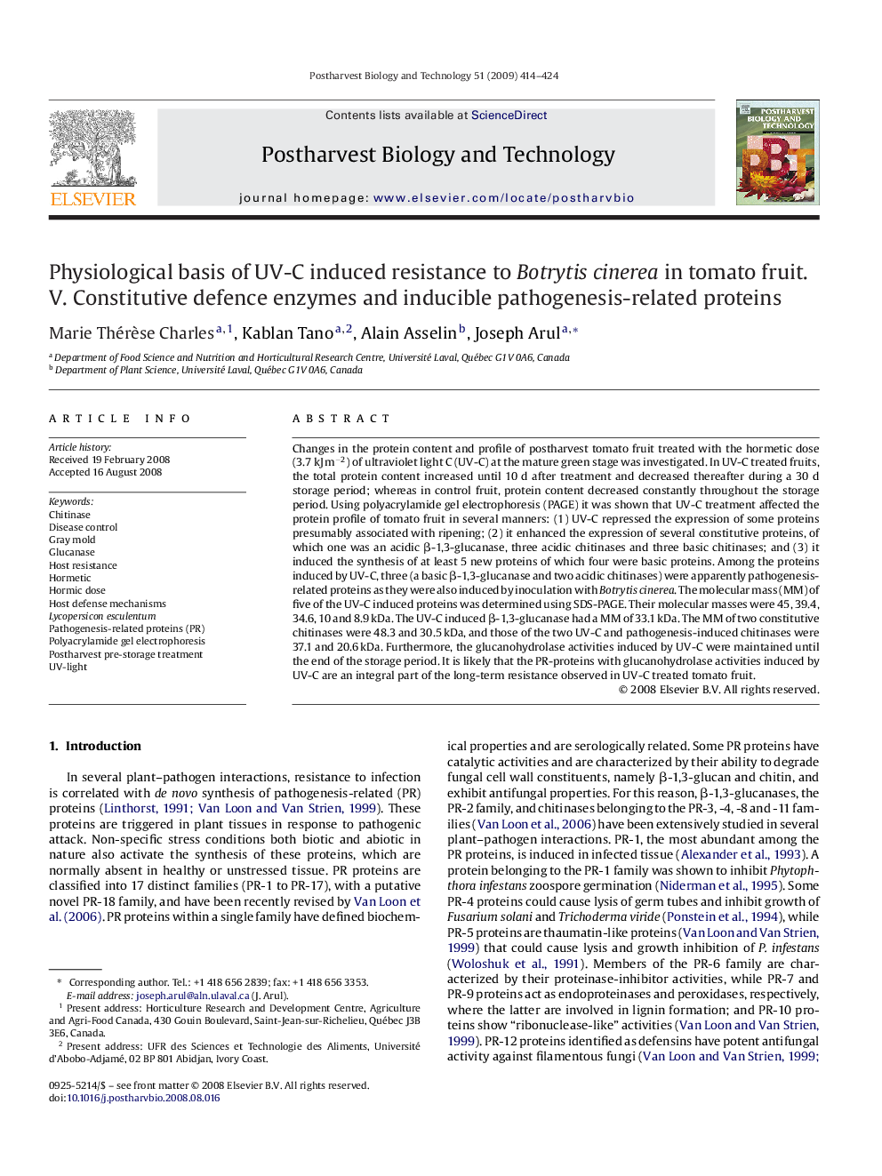 Physiological basis of UV-C induced resistance to Botrytis cinerea in tomato fruit. V. Constitutive defence enzymes and inducible pathogenesis-related proteins