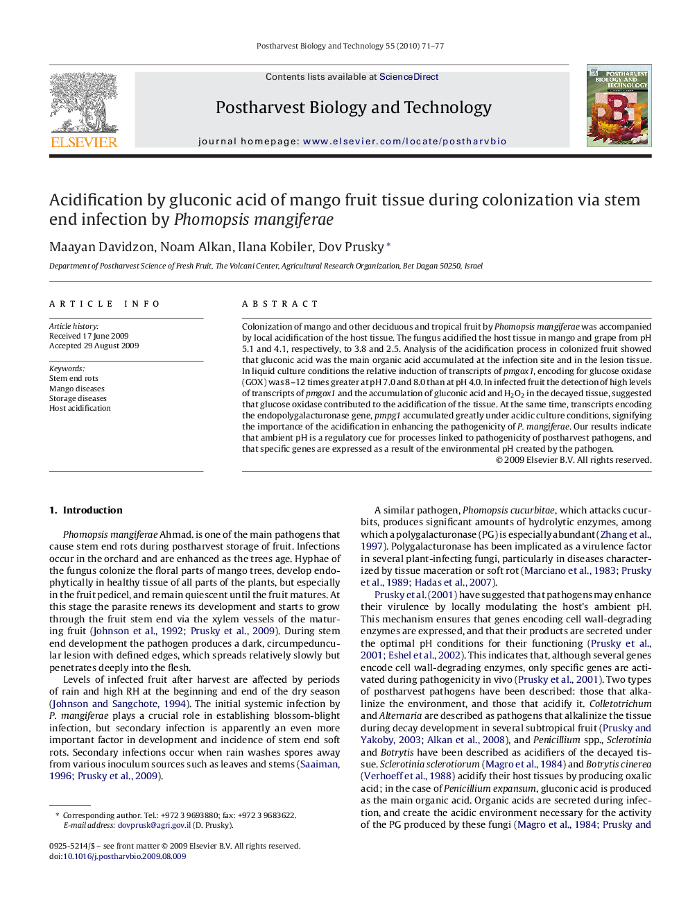 Acidification by gluconic acid of mango fruit tissue during colonization via stem end infection by Phomopsis mangiferae