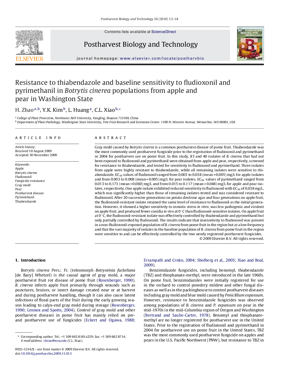 Resistance to thiabendazole and baseline sensitivity to fludioxonil and pyrimethanil in Botrytis cinerea populations from apple and pear in Washington State