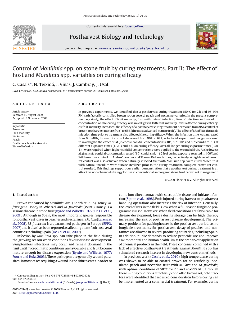 Control of Monilinia spp. on stone fruit by curing treatments. Part II: The effect of host and Monilinia spp. variables on curing efficacy