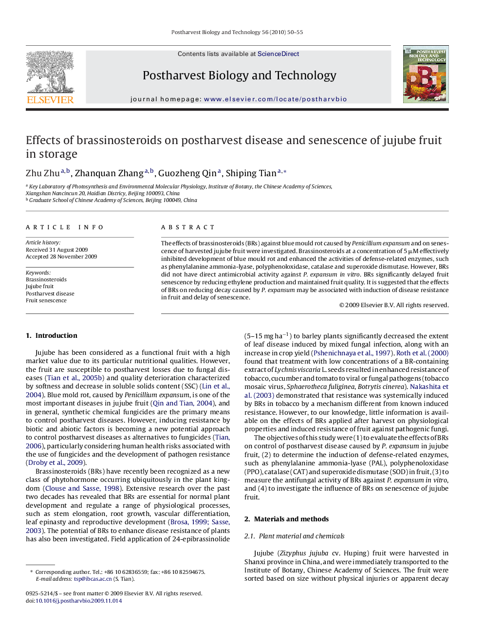 Effects of brassinosteroids on postharvest disease and senescence of jujube fruit in storage