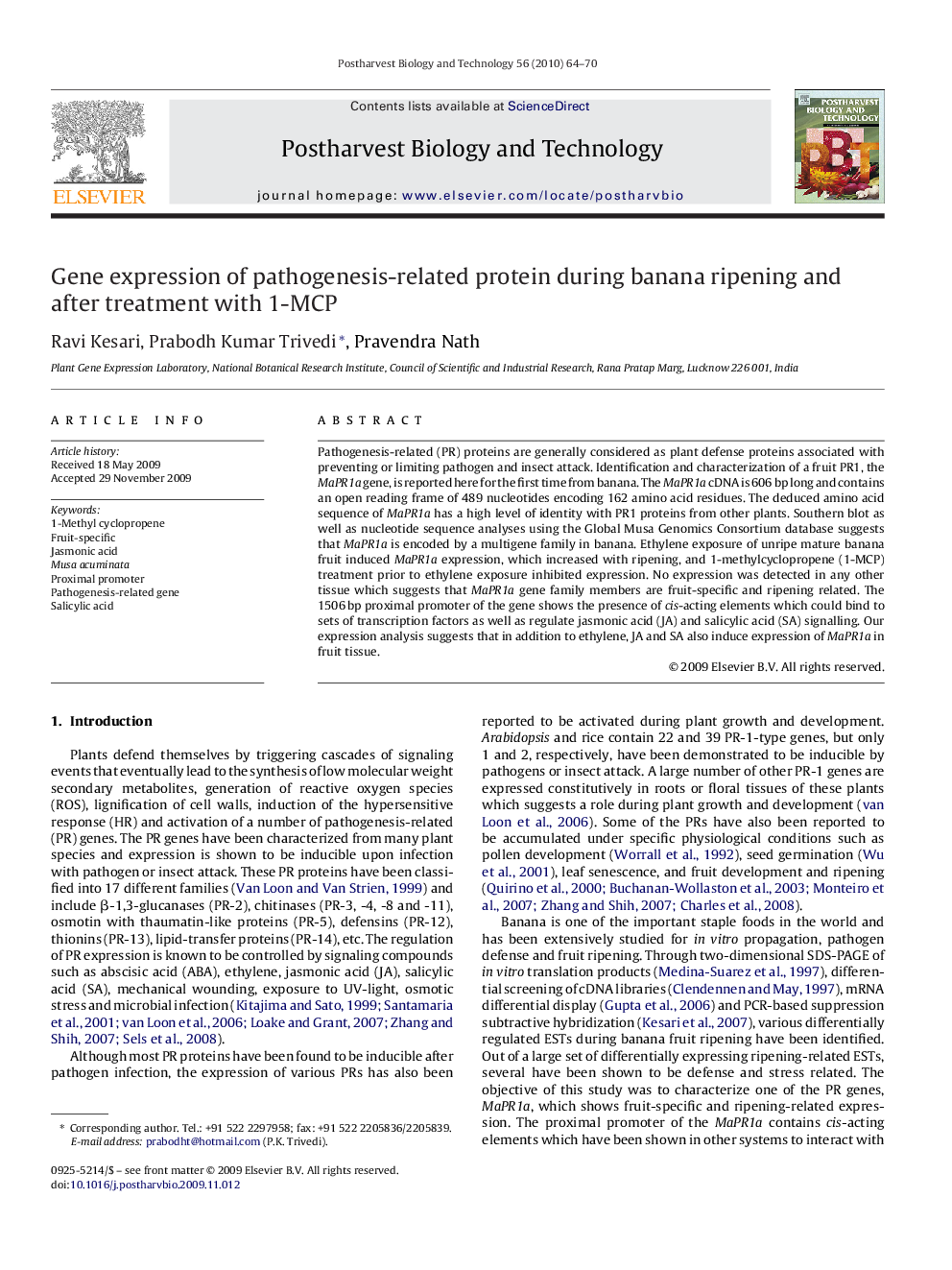 Gene expression of pathogenesis-related protein during banana ripening and after treatment with 1-MCP