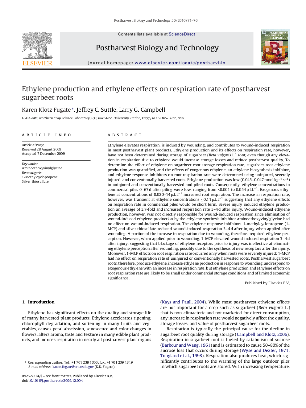 Ethylene production and ethylene effects on respiration rate of postharvest sugarbeet roots