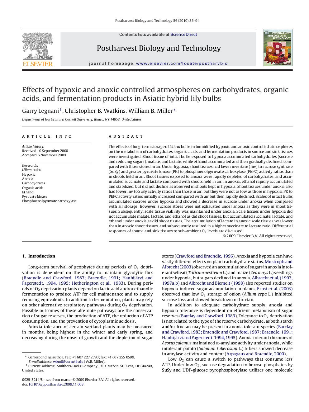 Effects of hypoxic and anoxic controlled atmospheres on carbohydrates, organic acids, and fermentation products in Asiatic hybrid lily bulbs