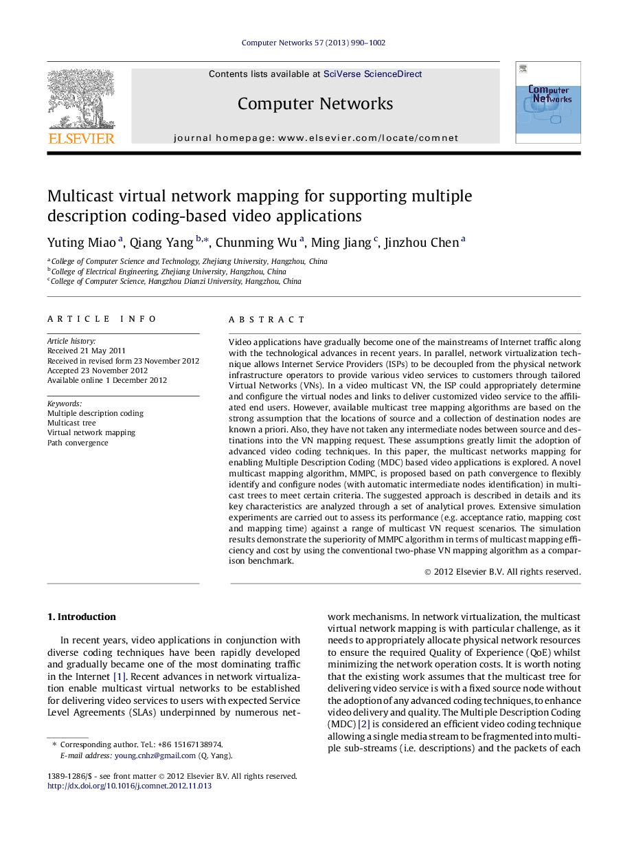 Multicast virtual network mapping for supporting multiple description coding-based video applications