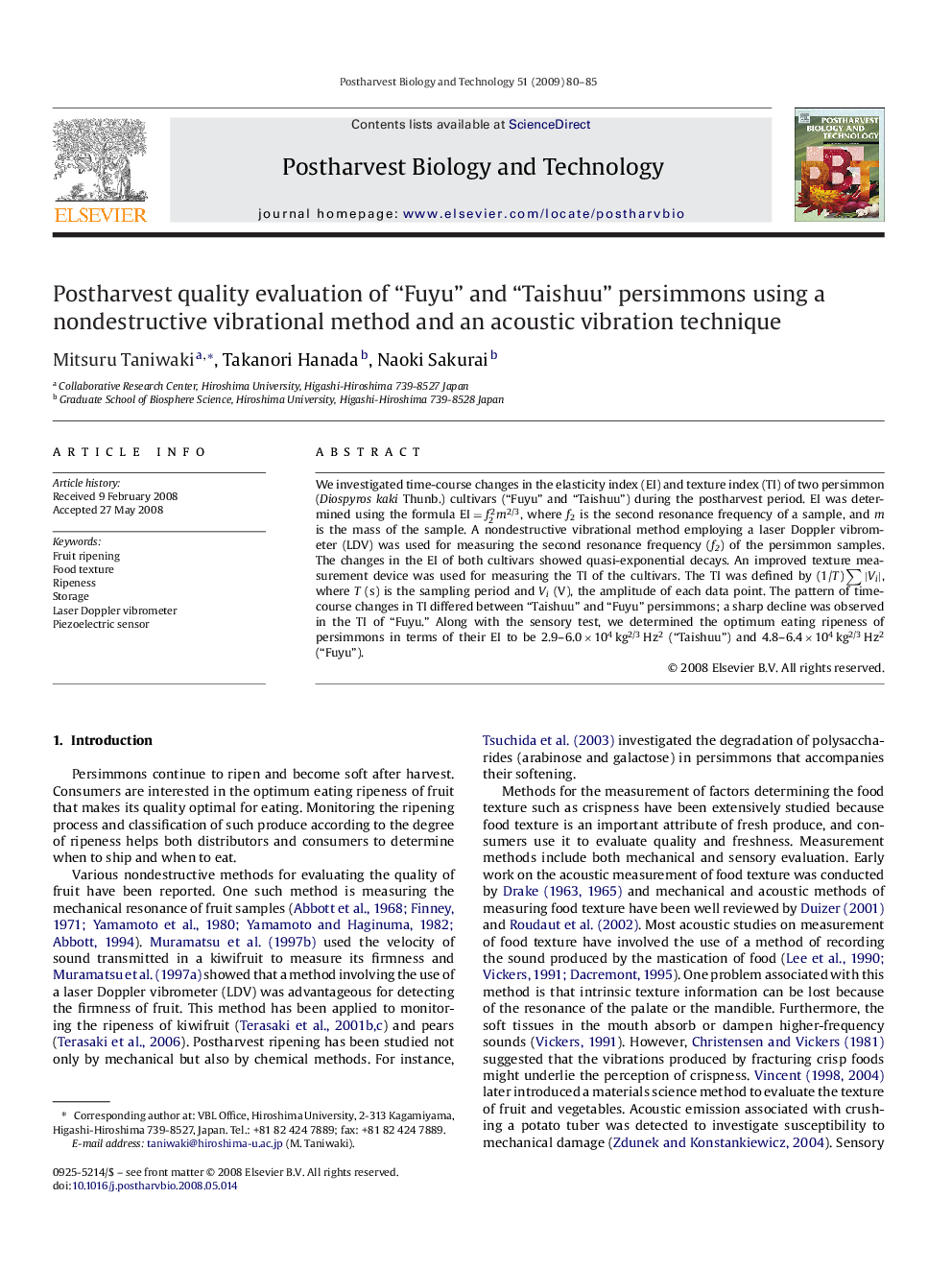 Postharvest quality evaluation of “Fuyu” and “Taishuu” persimmons using a nondestructive vibrational method and an acoustic vibration technique