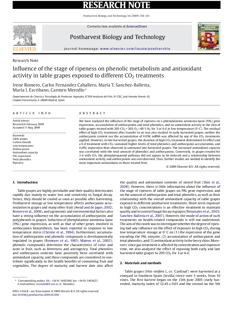 عکس صفحه اول مقاله: Influence of the stage of ripeness on phenolic metabolism and antioxidant activity in table grapes exposed to different CO2 treatments Influence of the stage of ripeness on phenolic metabolism and antioxidant activity in table grapes exposed to different CO2 treatments