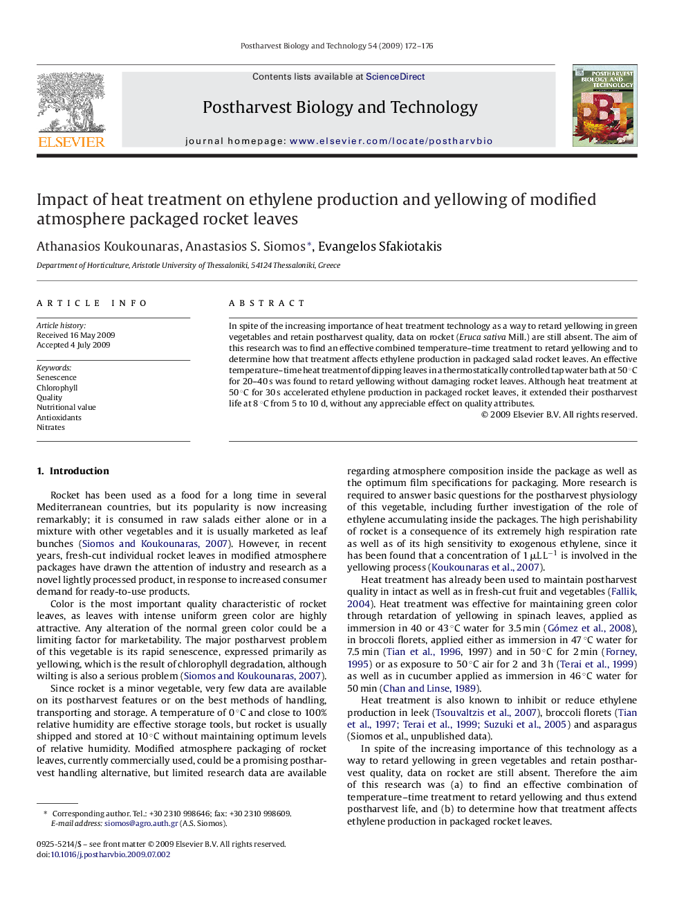 Impact of heat treatment on ethylene production and yellowing of modified atmosphere packaged rocket leaves