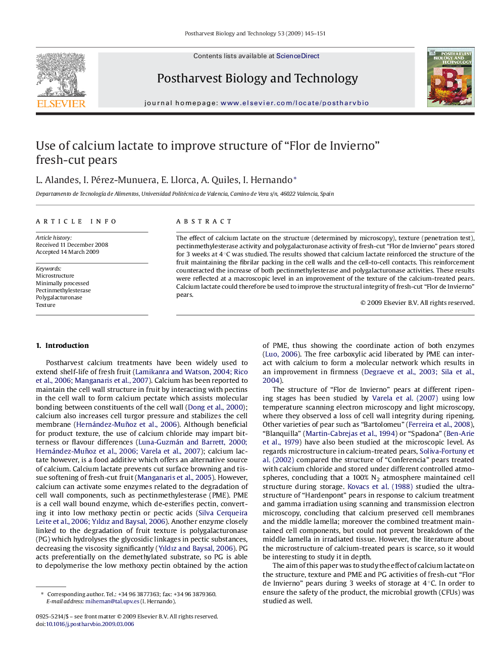 Use of calcium lactate to improve structure of “Flor de Invierno” fresh-cut pears