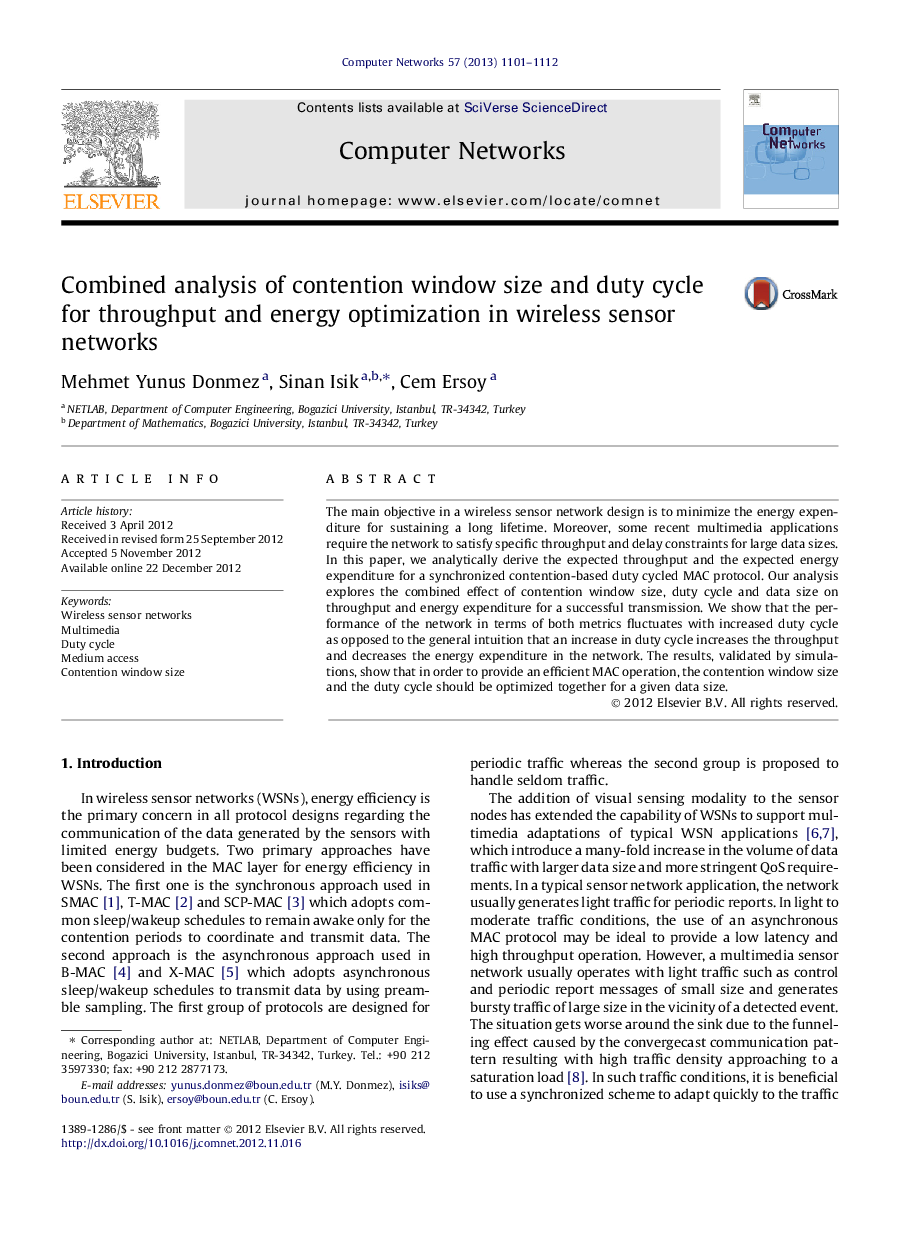 Combined analysis of contention window size and duty cycle for throughput and energy optimization in wireless sensor networks