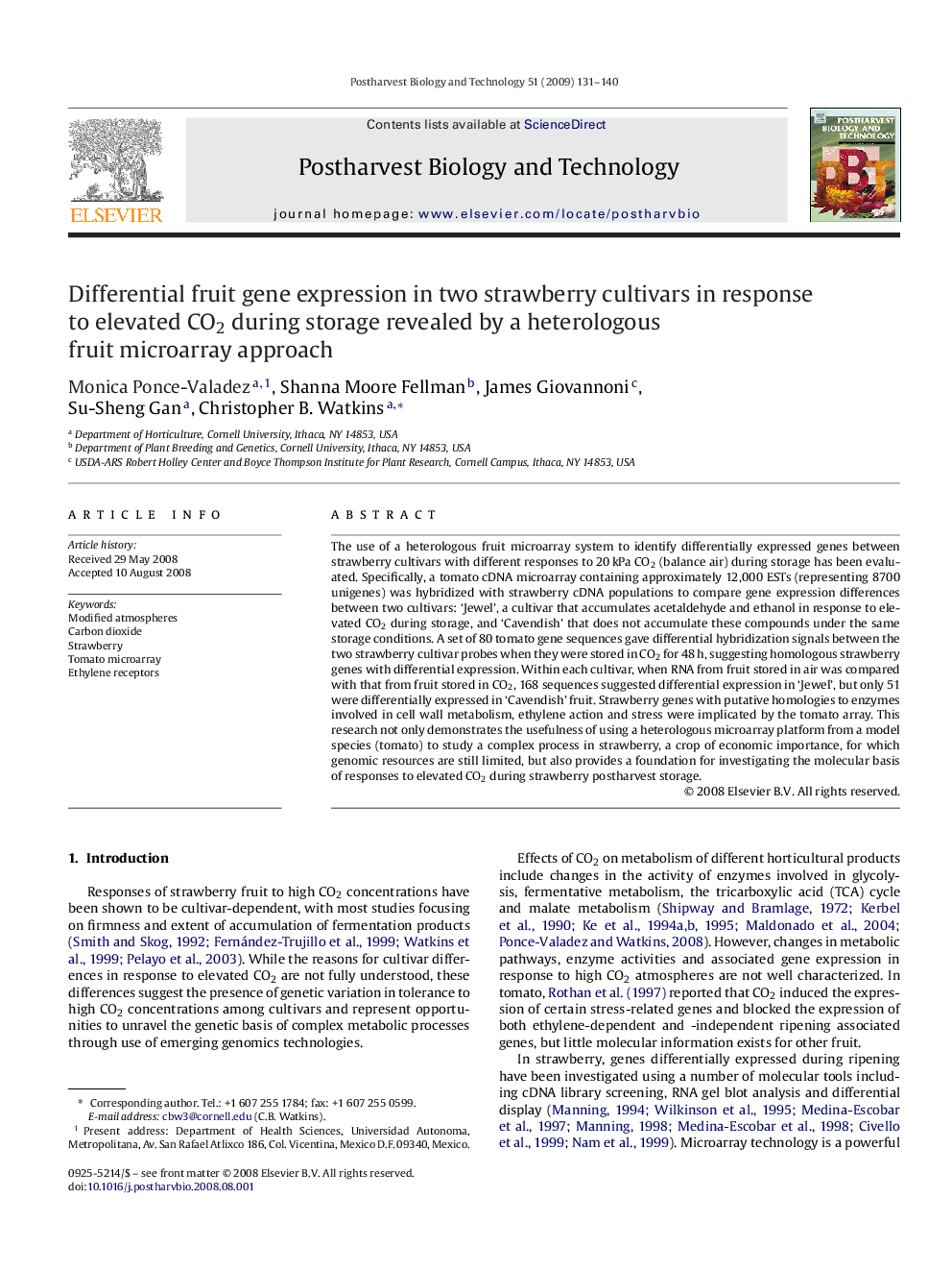 Differential fruit gene expression in two strawberry cultivars in response to elevated CO2 during storage revealed by a heterologous fruit microarray approach