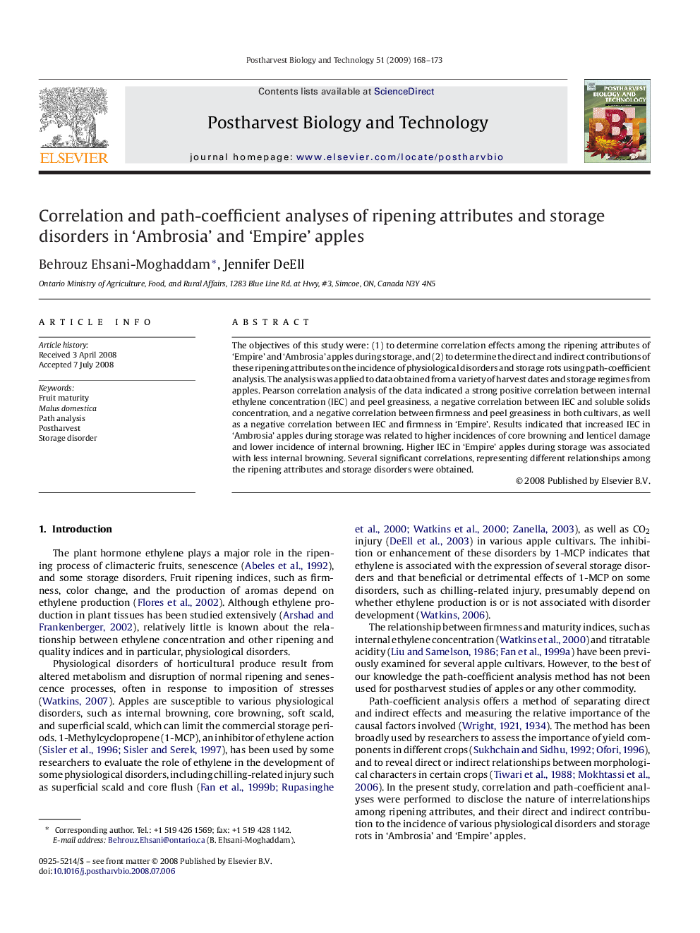 عکس صفحه اول مقاله: Correlation and path-coefficient analyses of ripening attributes and storage disorders in ‘Ambrosia’ and ‘Empire’ apples Correlation and path-coefficient analyses of ripening attributes and storage disorders in ‘Ambrosia’ and ‘Empire’ apples
