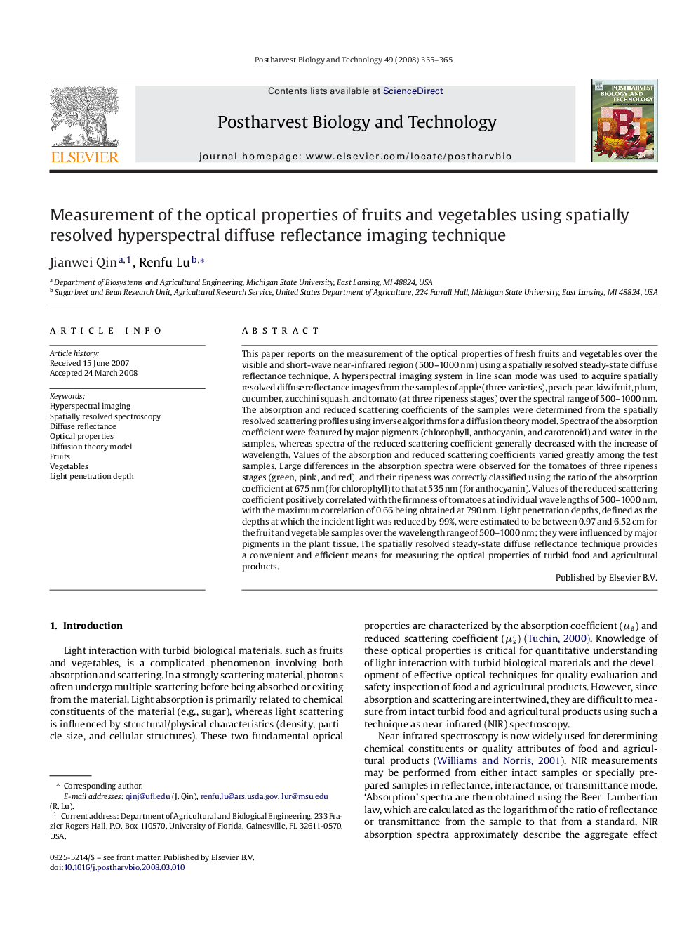 Measurement of the optical properties of fruits and vegetables using spatially resolved hyperspectral diffuse reflectance imaging technique