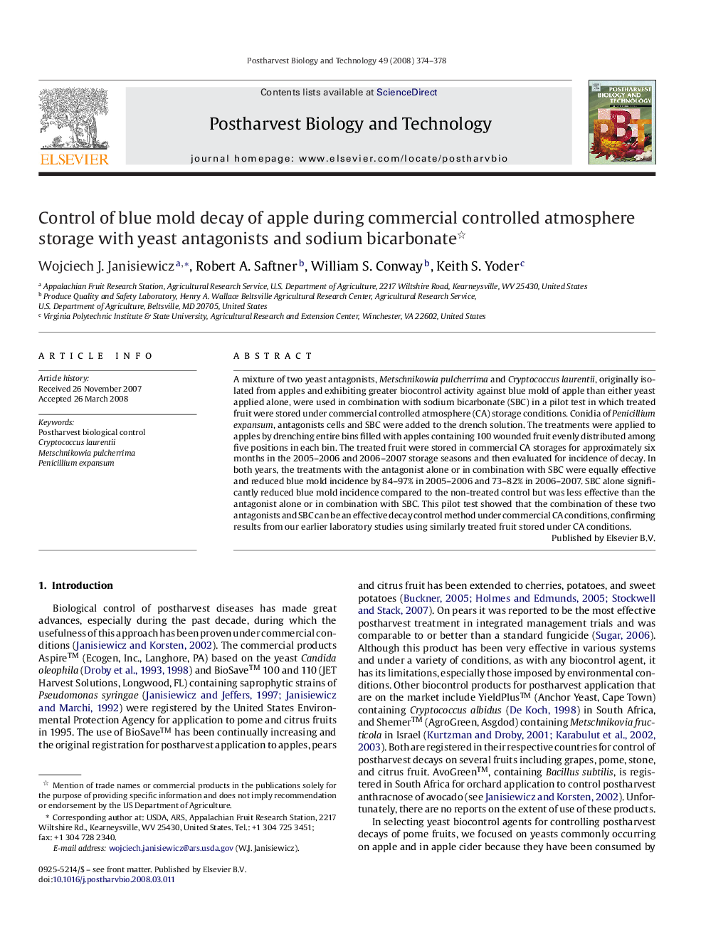 Control of blue mold decay of apple during commercial controlled atmosphere storage with yeast antagonists and sodium bicarbonate 