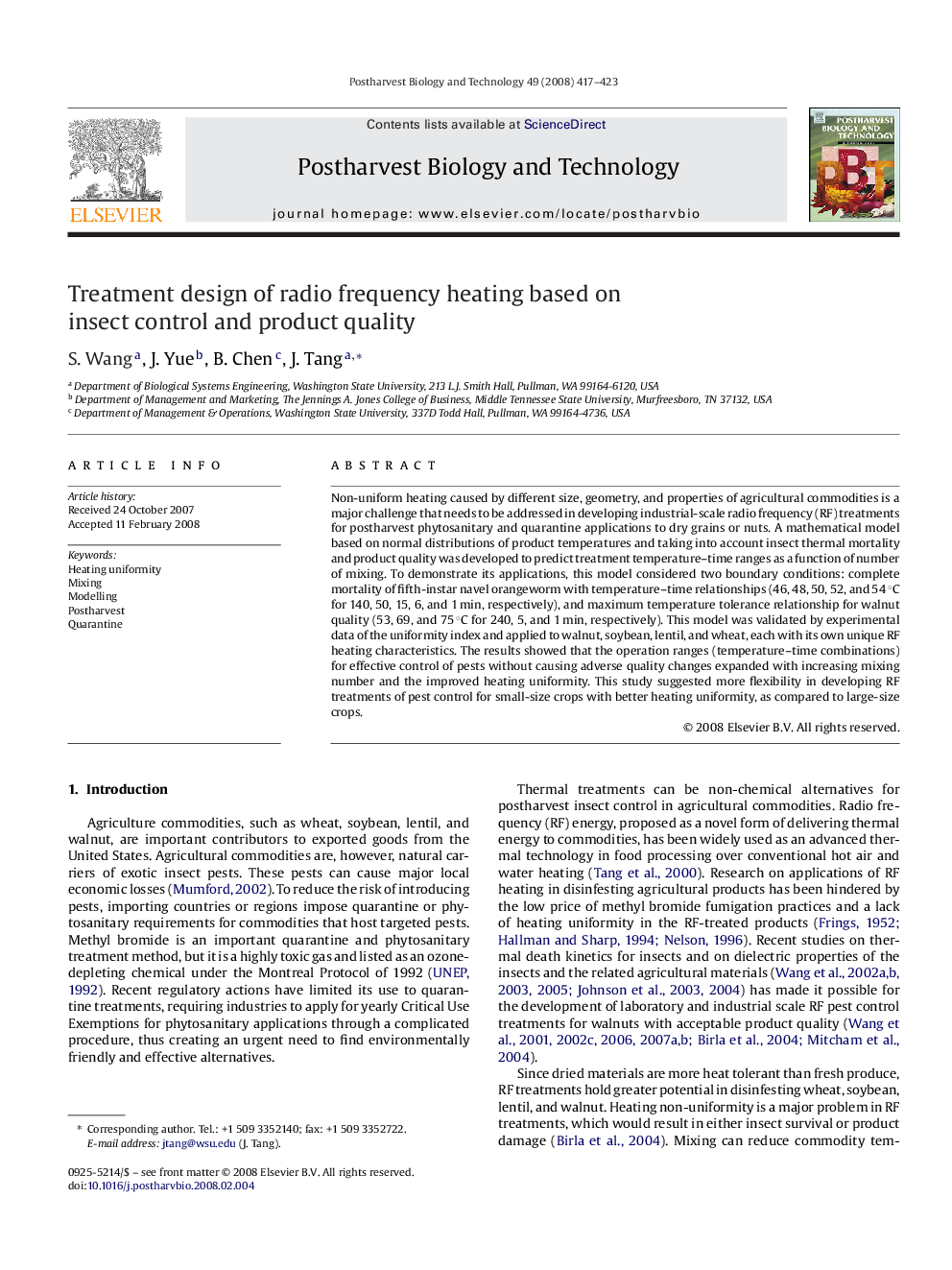 Treatment design of radio frequency heating based on insect control and product quality